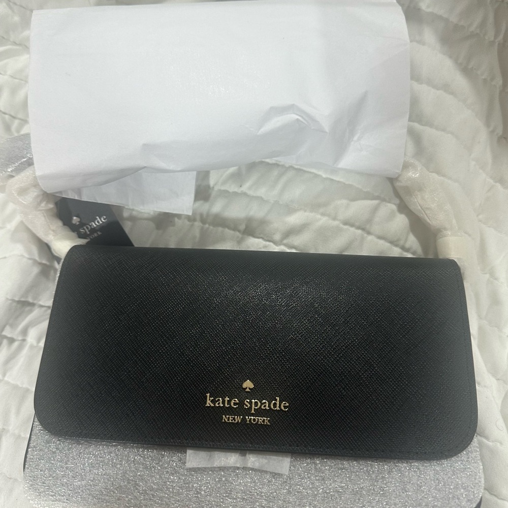 kate spade Black Saffiano Leather Foldover Clutch with Gold Logo